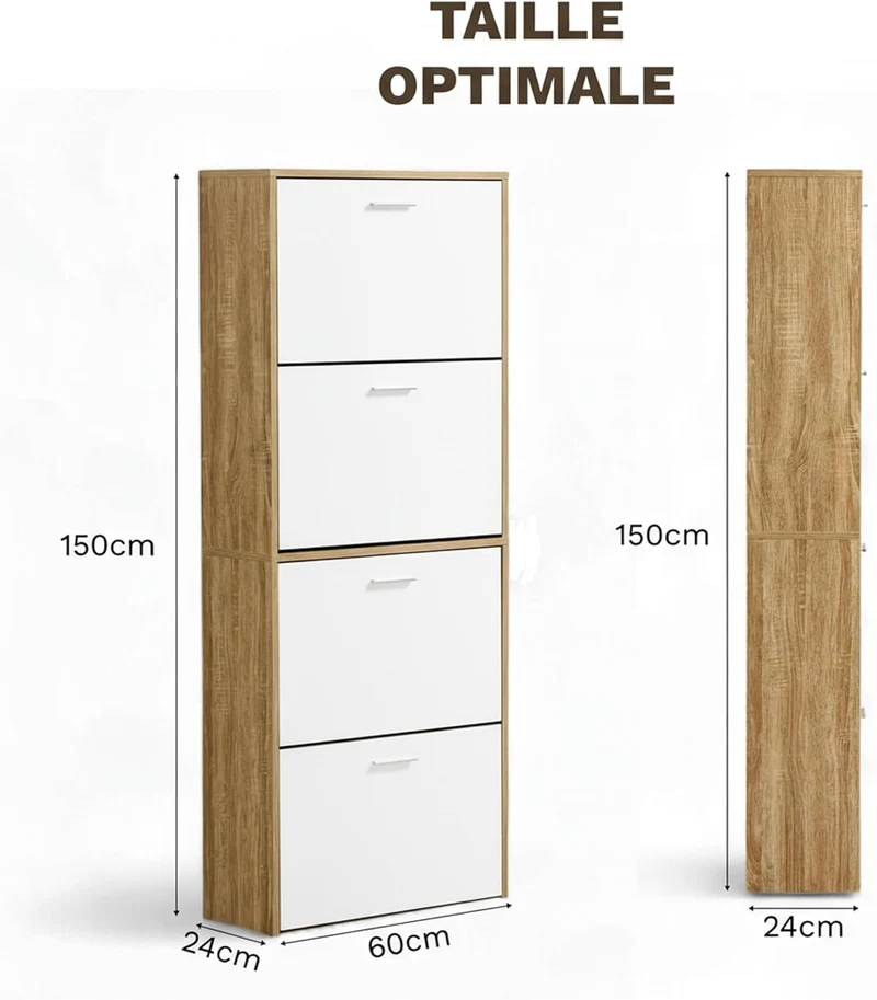 Meuble à Chaussures 24 Paires 4 Abattants – Armoire Étroite 24 cm Gain de Place – Meuble Entrée Blanc Bois 60x24x150 cm