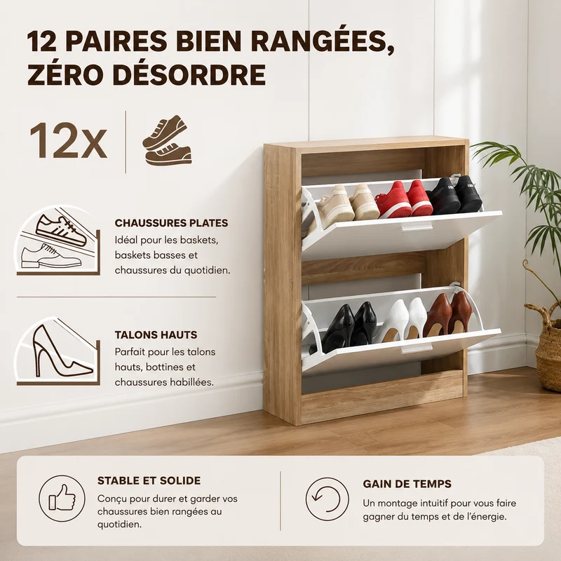 Meuble à Chaussures 2 Étagères 12 Paires Portes Blanches et Cadre Bois Clair 60x24x80 cm (Copie)