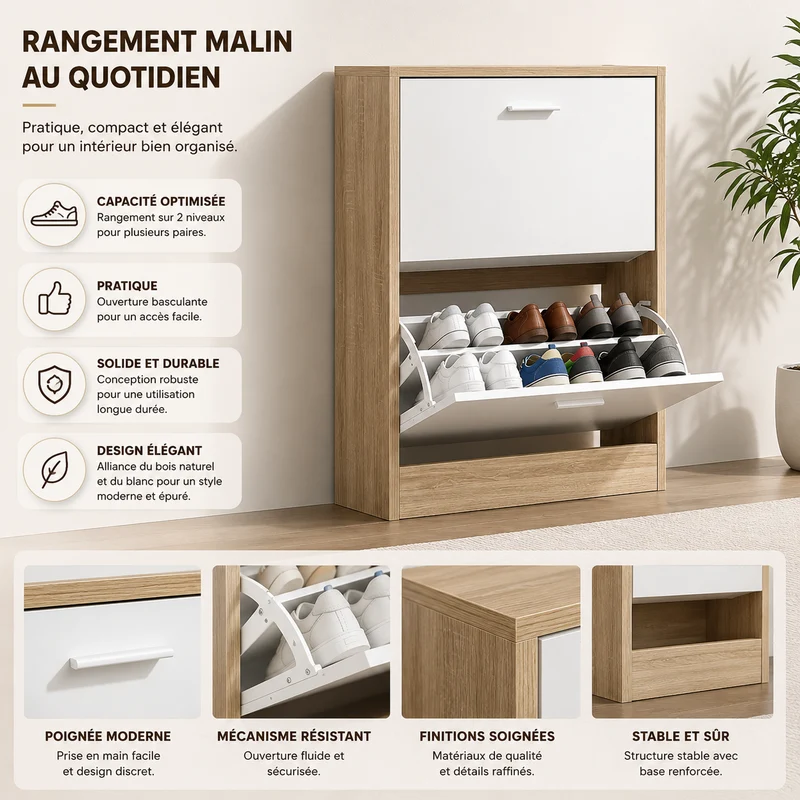 Meuble à Chaussures 2 Étagères 12 Paires Portes Blanches et Cadre Bois Clair 60x24x80 cm (Copie)