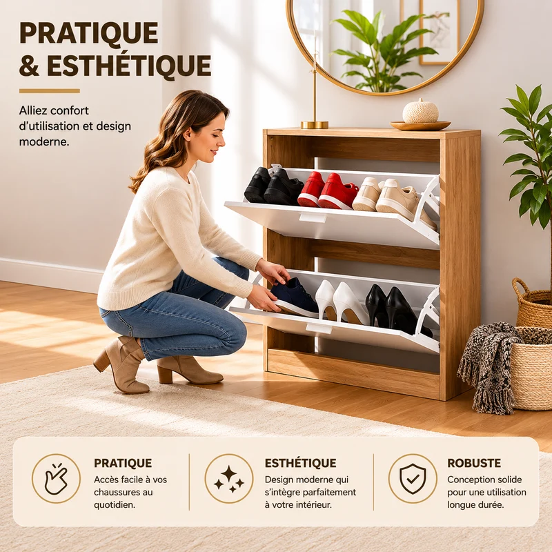 Meuble à Chaussures 2 Étagères 12 Paires Portes Blanches et Cadre Bois Clair 60x24x80 cm (Copie)