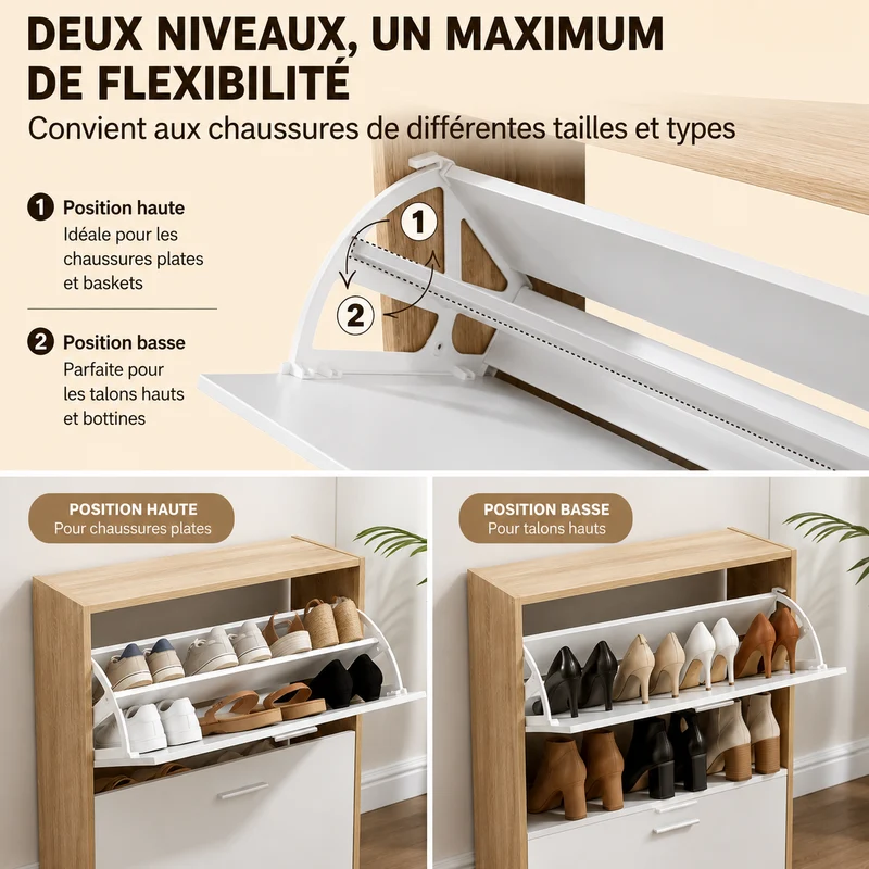 Meuble à Chaussures 2 Étagères 12 Paires Portes Blanches et Cadre Bois Clair 60x24x80 cm (Copie)