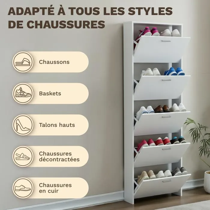 Meuble de Rangement à Chaussures - 15 Paires - 5 abattants - L60xP24xH180 cm - Blanc
