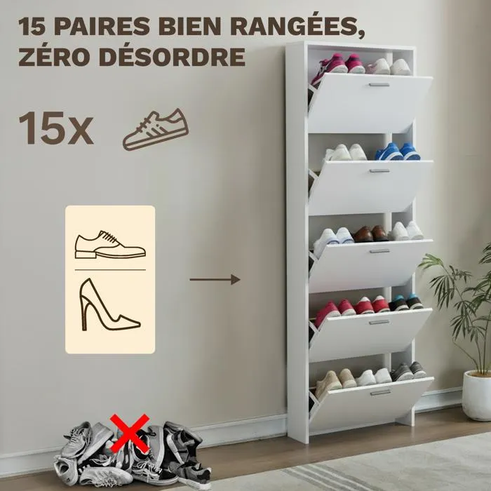 Meuble de Rangement à Chaussures - 15 Paires - 5 abattants - L60xP24xH180 cm - Blanc