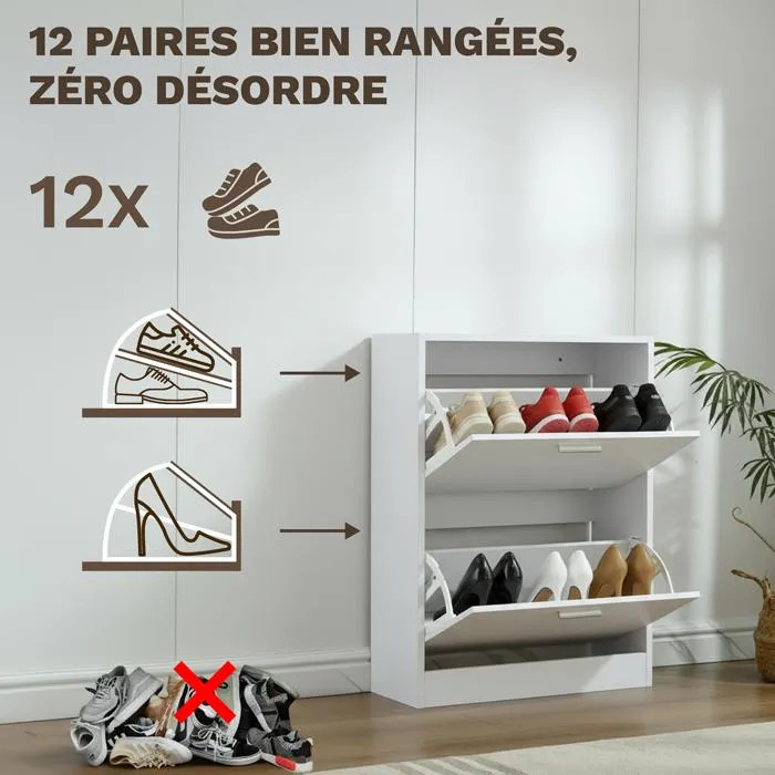 Meuble à Chaussures 12 Paires 2 Abattants – Armoire Étroite 24 cm Gain de Place – Meuble Entrée Bois Blanc 60x24x80 cm