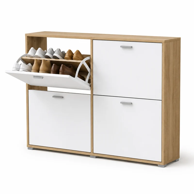 Meuble à Chaussures double 24 Paires 4 Abattants Ultra Slim 23,5 cm Rangement Entrée Bois clair et Blanc 118x23,5x75 cm
