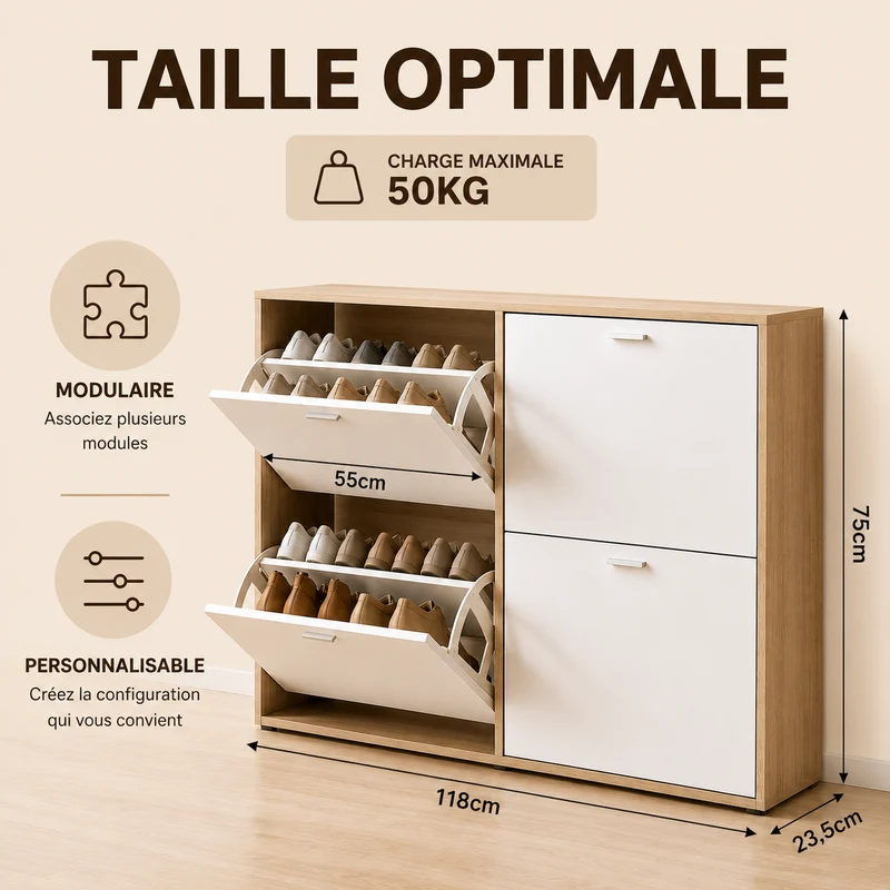 Meuble à Chaussures double 24 Paires 4 Abattants Ultra Slim 23,5 cm Rangement Entrée Bois clair et Blanc 118x23,5x75 cm