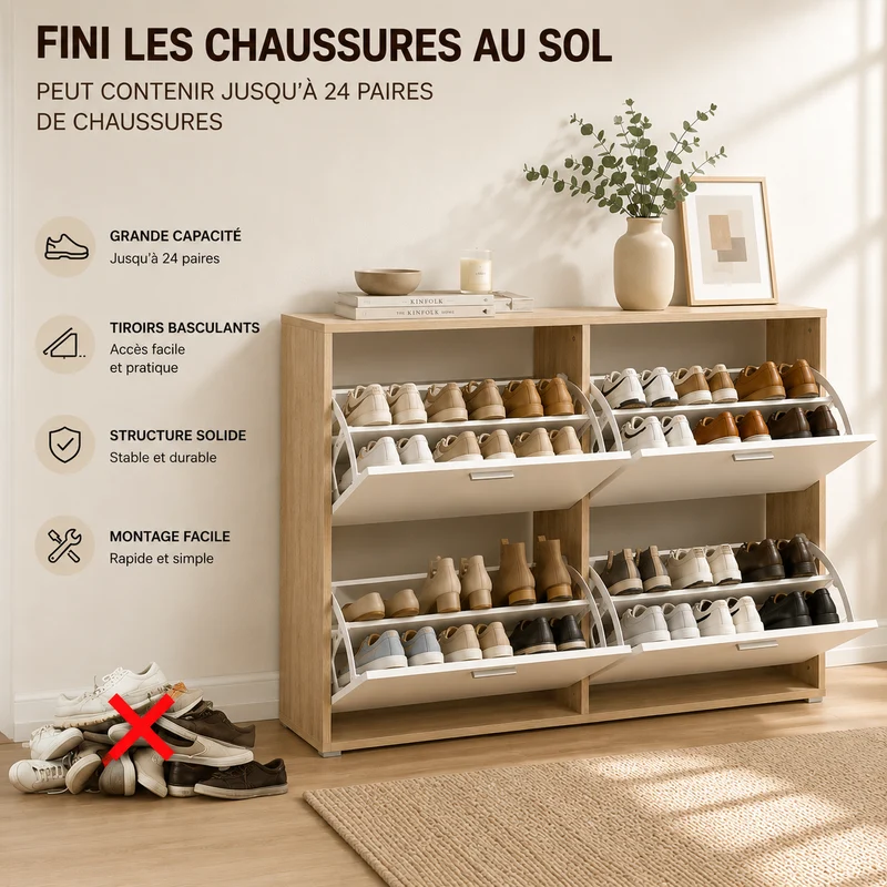 Meuble à Chaussures double 24 Paires 4 Abattants Ultra Slim 23,5 cm Rangement Entrée Bois clair et Blanc 118x23,5x75 cm