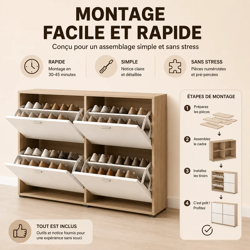 Meuble à Chaussures double 24 Paires 4 Abattants Ultra Slim 23,5 cm Rangement Entrée Bois clair et Blanc 118x23,5x75 cm