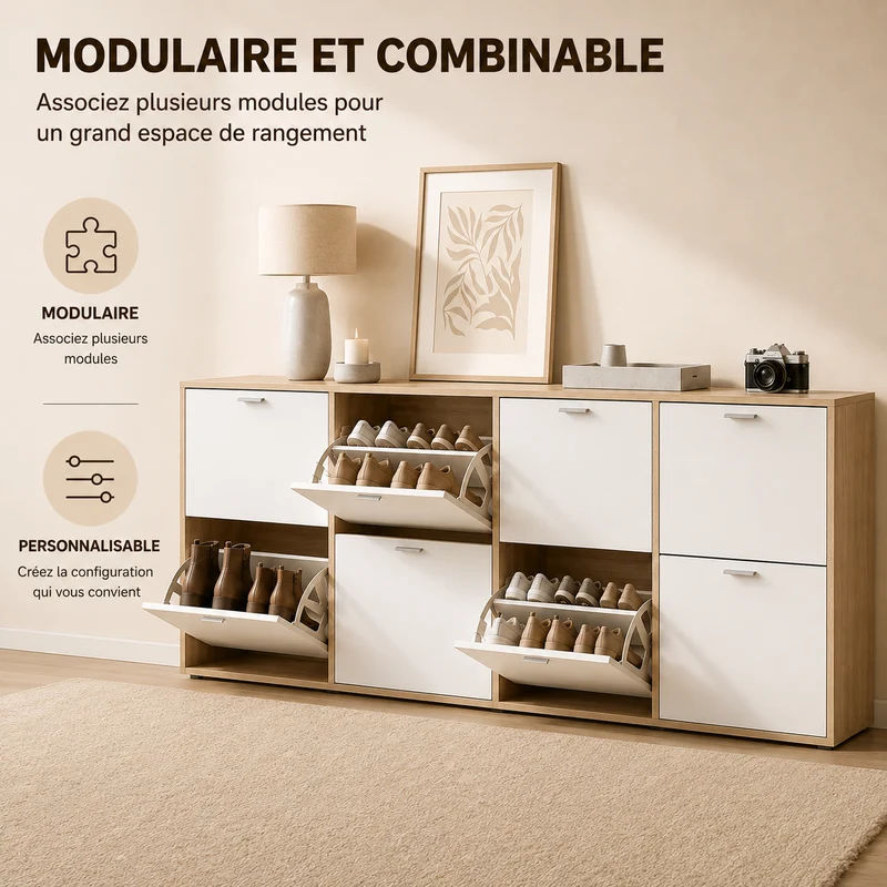 Meuble à Chaussures double 24 Paires 4 Abattants Ultra Slim 23,5 cm Rangement Entrée Bois clair et Blanc 118x23,5x75 cm