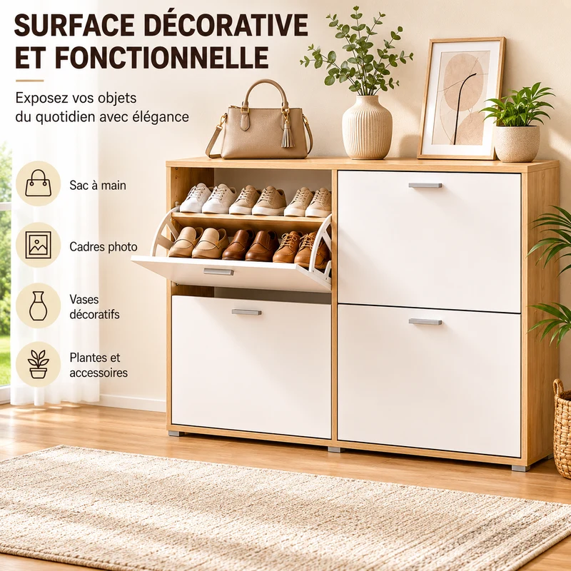 Meuble à Chaussures double 24 Paires 4 Abattants Ultra Slim 23,5 cm Rangement Entrée Bois clair et Blanc 118x23,5x75 cm