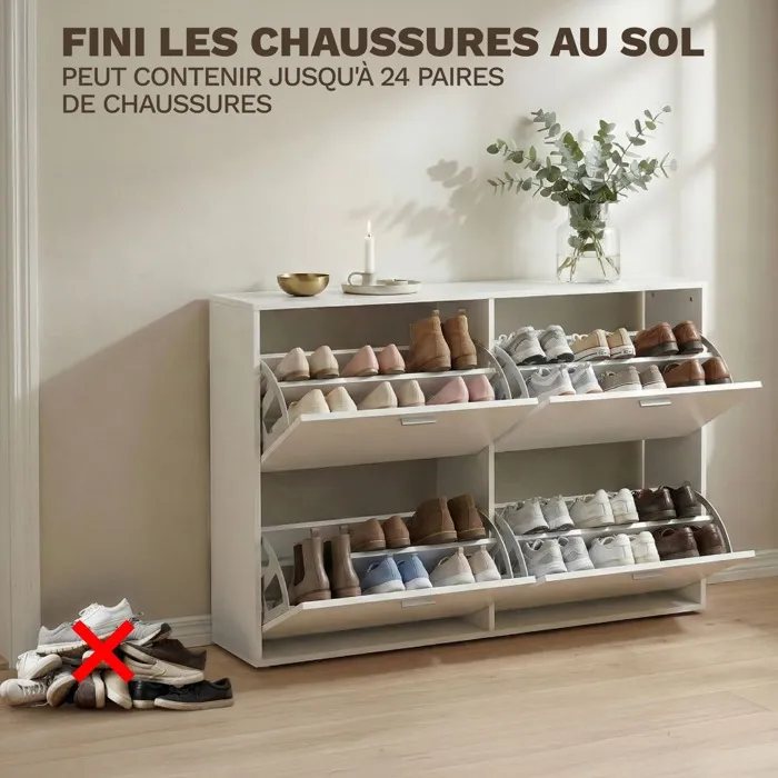 Meuble à Chaussures double 24 Paires 4 Abattants - Ultra Slim 23,5 cm - Rangement Entrée Gain de Place Blanc 118x23,5x75 cm