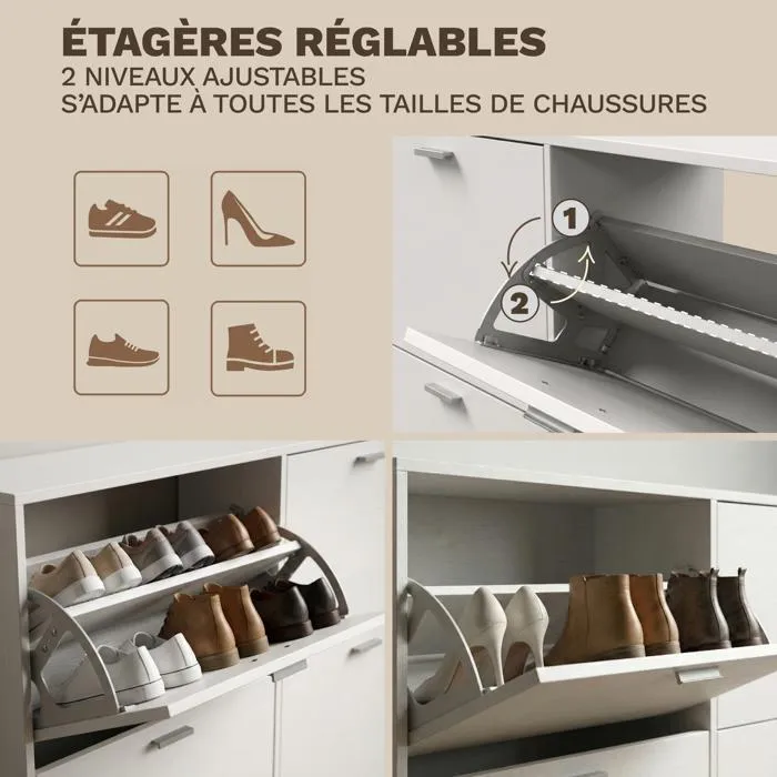 Meuble à Chaussures double 24 Paires 4 Abattants - Ultra Slim 23,5 cm - Rangement Entrée Gain de Place Blanc 118x23,5x75 cm