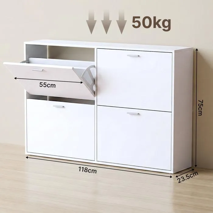 Meuble à Chaussures double 24 Paires 4 Abattants - Ultra Slim 23,5 cm - Rangement Entrée Gain de Place Blanc 118x23,5x75 cm