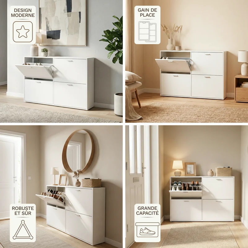 Meuble à Chaussures double 24 Paires 4 Abattants - Ultra Slim 23,5 cm - Rangement Entrée Gain de Place Blanc 118x23,5x75 cm