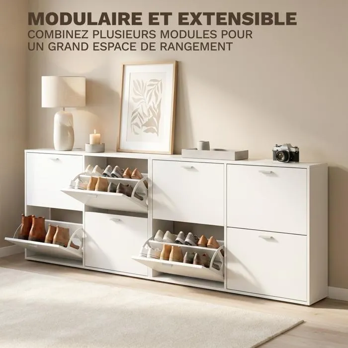 Meuble à Chaussures double 24 Paires 4 Abattants - Ultra Slim 23,5 cm - Rangement Entrée Gain de Place Blanc 118x23,5x75 cm