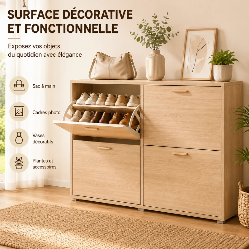Meuble à Chaussures double 24 Paires 4 Abattants Ultra Slim 23,5 cm Gain de Place Entrée Bois Clair 118x23,5x75 cm