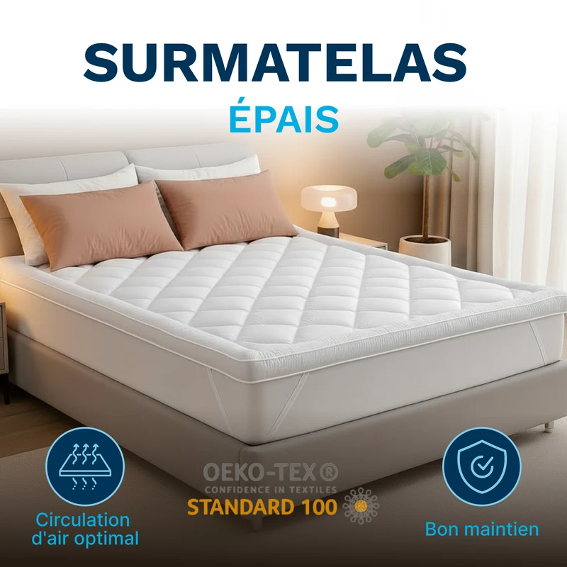 Surmatelas Confort 800gsm- Microfibre Respirante, Hypoallergénique, Anti-acariens - Antidérapant
