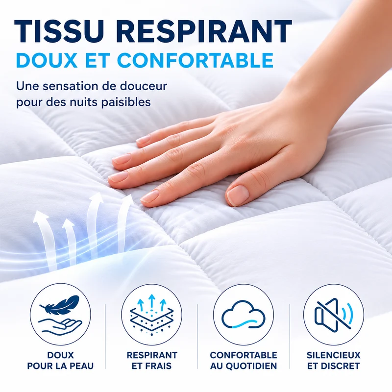 Surmatelas Confort 1000g - Microfibre Respirante, Hypoallergénique, Anti-acariens - Antidérapant