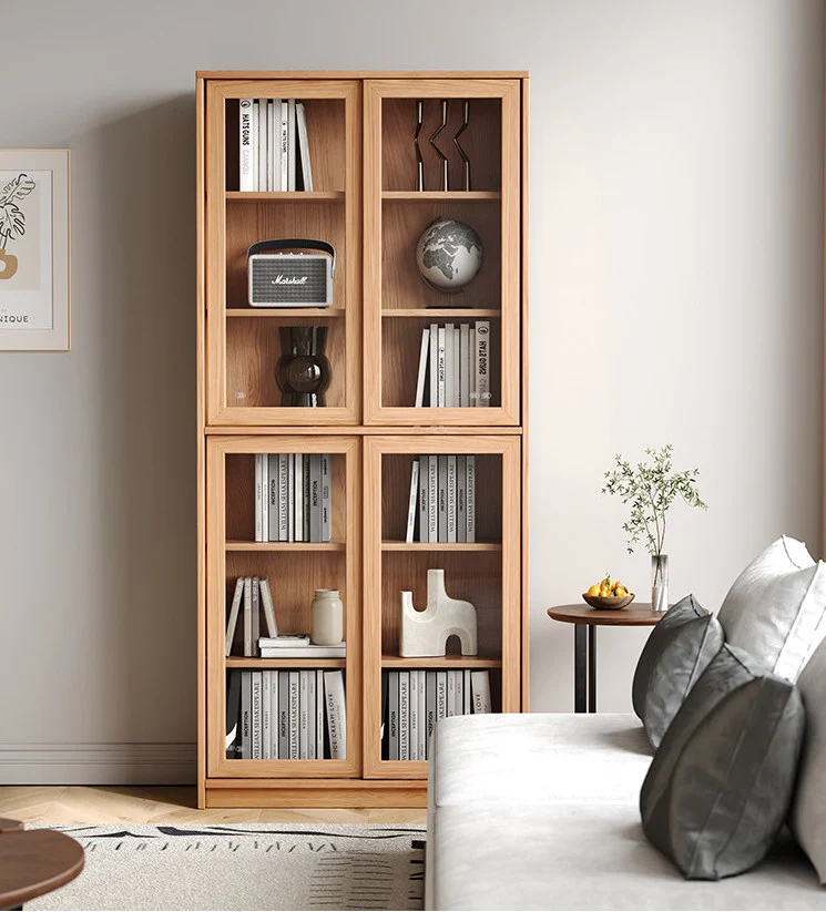 Library Cherry Wood Glass Door Display Cabinet Bookcase