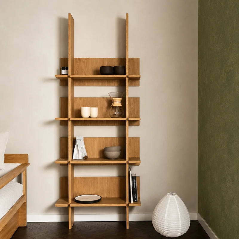 Bookish White Oak Scandinavian Open Shelf Bookcase