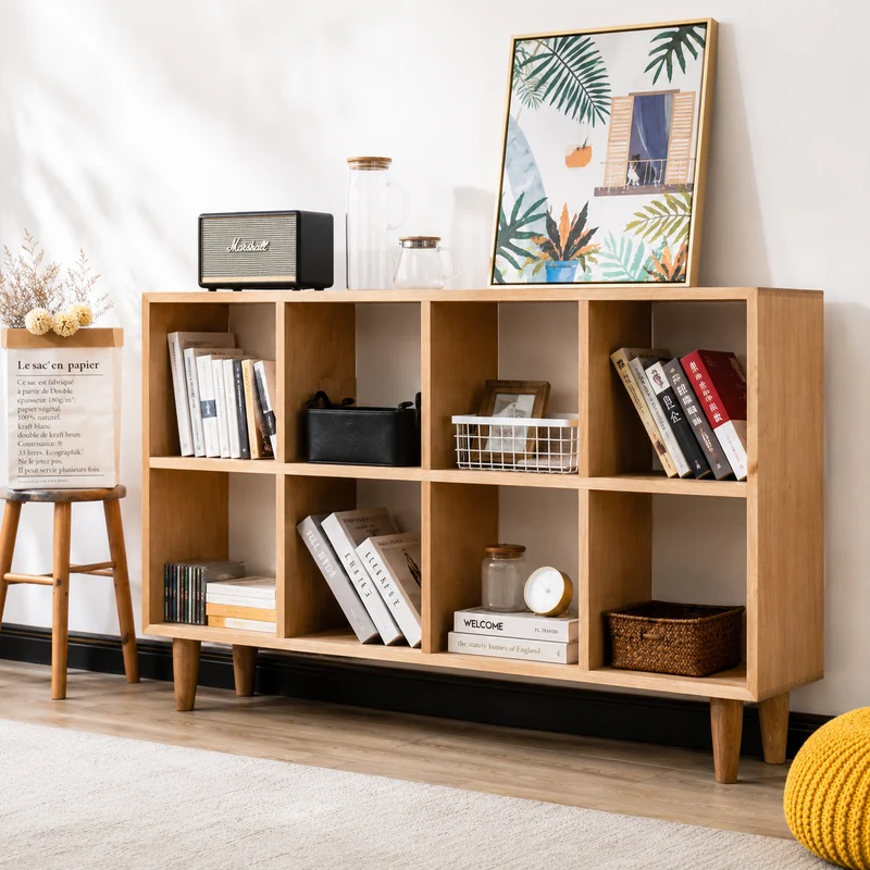 Literati White Oak Open Display Bookcase with Cubby Shelves