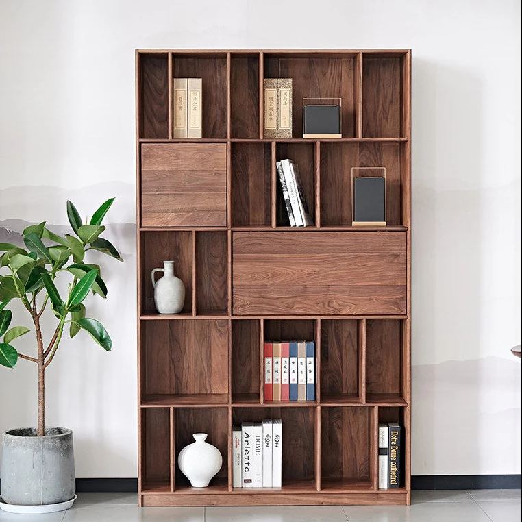 Tome Japanese Modern Walnut Bookcase with Geometric Shelves