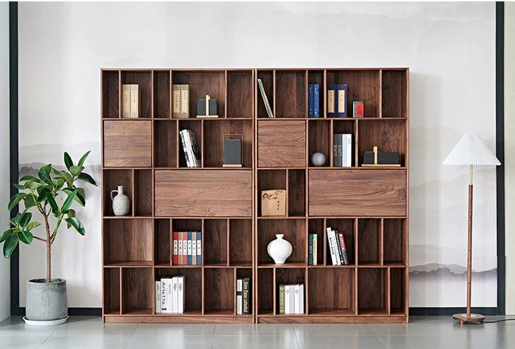 Tome Japanese Modern Walnut Bookcase with Geometric Shelves