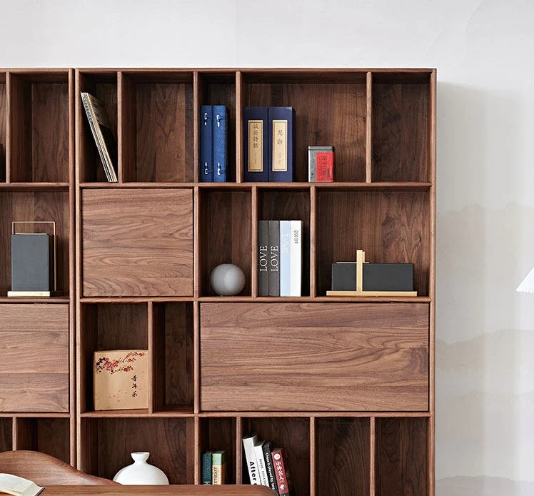 Tome Japanese Modern Walnut Bookcase with Geometric Shelves