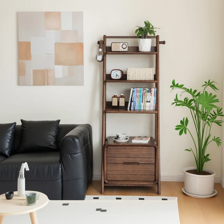 Folio Walnut Ladder Display Shelf with Storage Drawer Cabinet