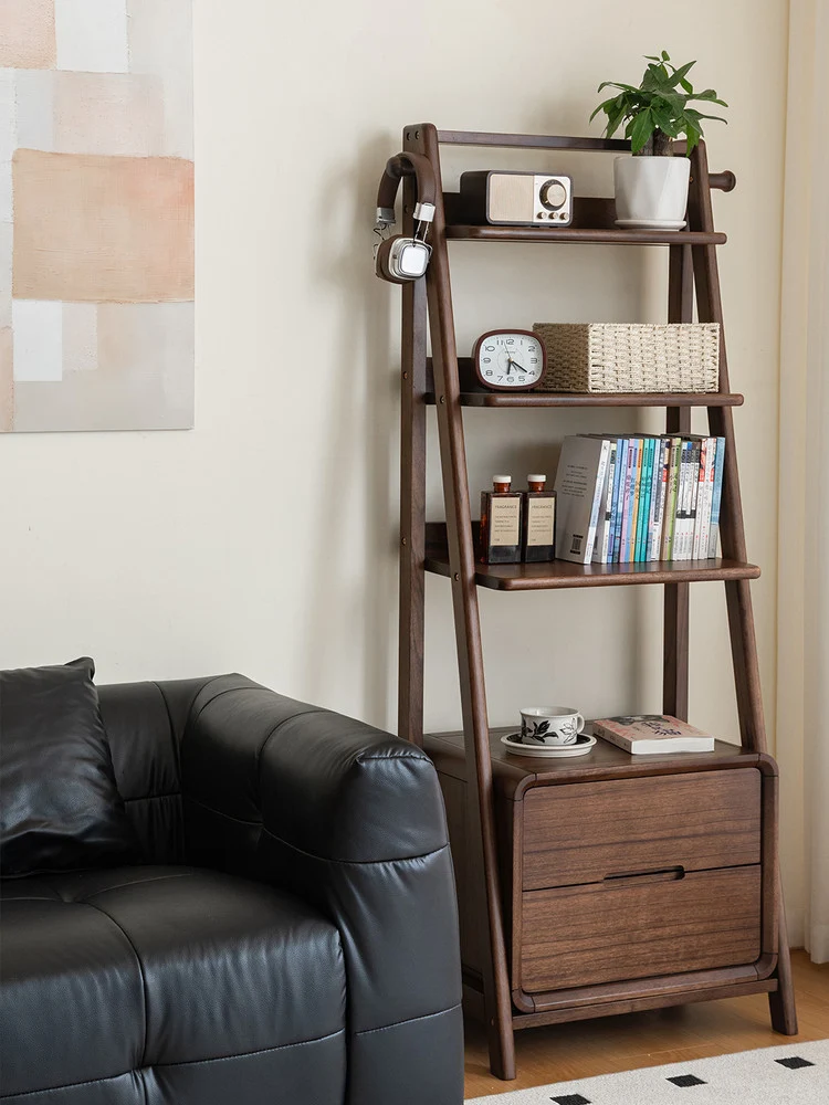 Folio Walnut Ladder Display Shelf with Storage Drawer Cabinet