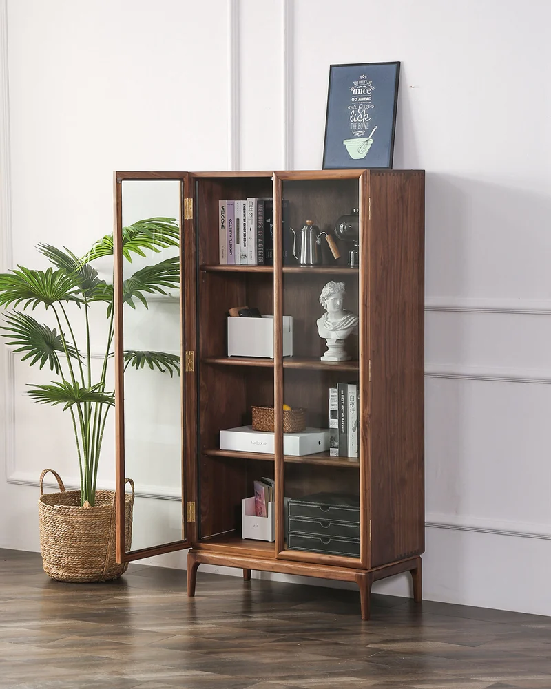Stack Walnut Wood Glass Door Bookcase Display Cabinet