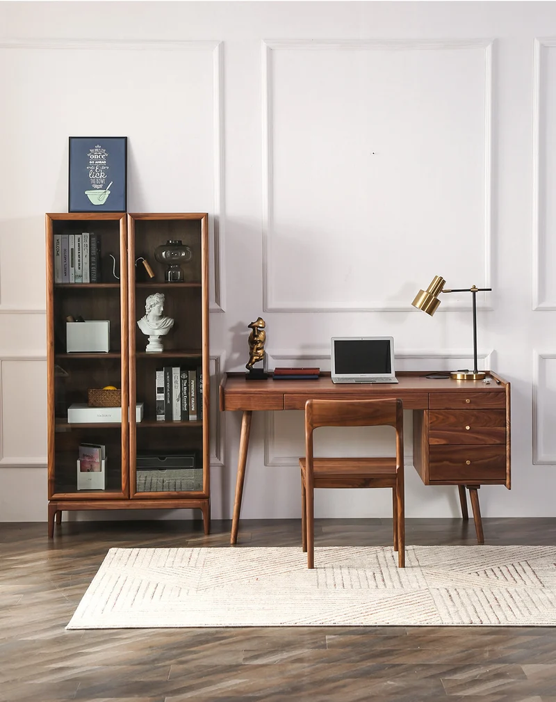 Stack Walnut Wood Glass Door Bookcase Display Cabinet