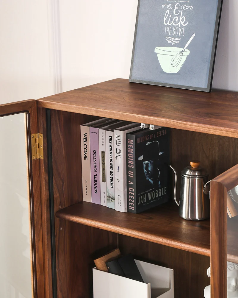 Stack Walnut Wood Glass Door Bookcase Display Cabinet