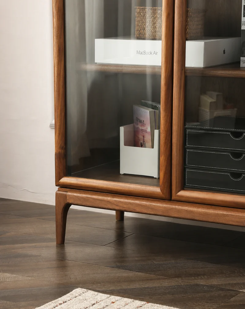 Stack Walnut Wood Glass Door Bookcase Display Cabinet