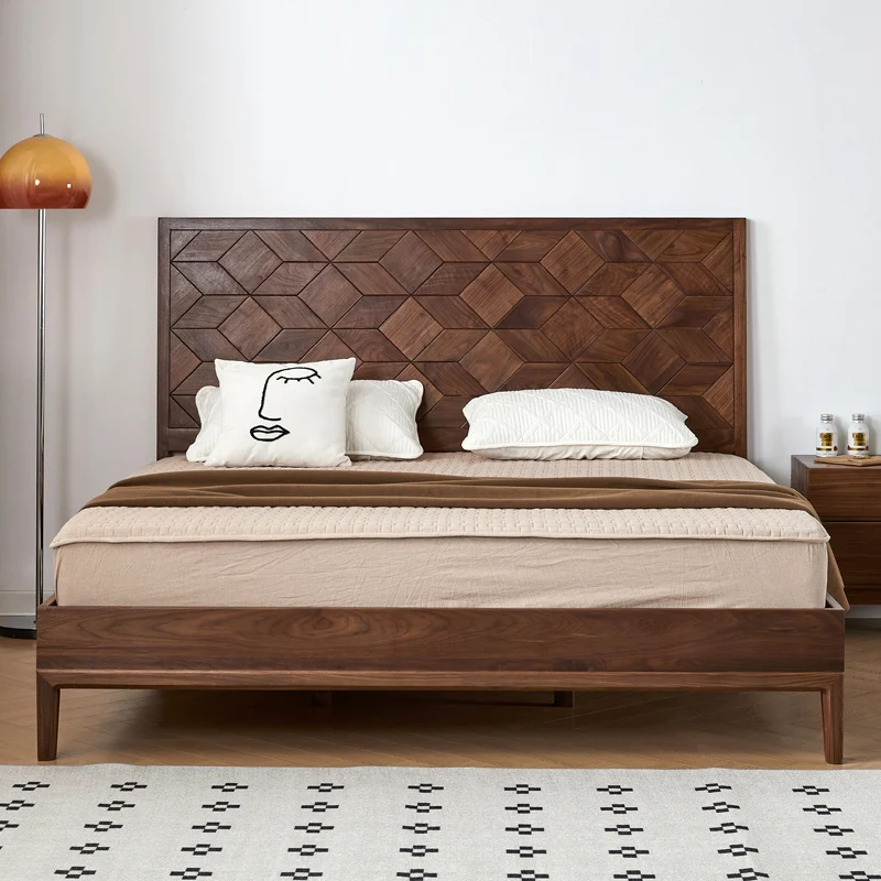 Nestify Walnut Platform Bed with Geometric Wood Headboard