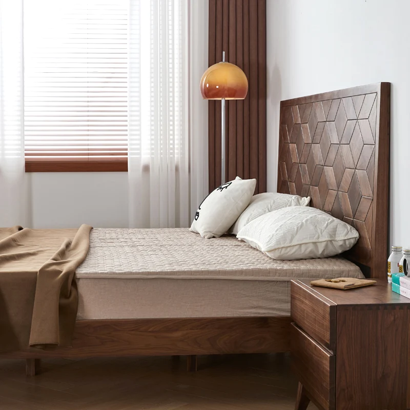 Nestify Walnut Platform Bed with Geometric Wood Headboard