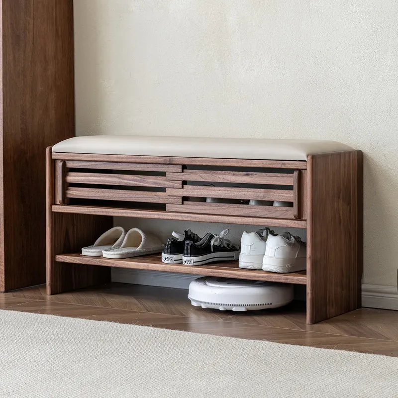 Shoery Japanese Modern Walnut Shoe Storage Bench Cabinet