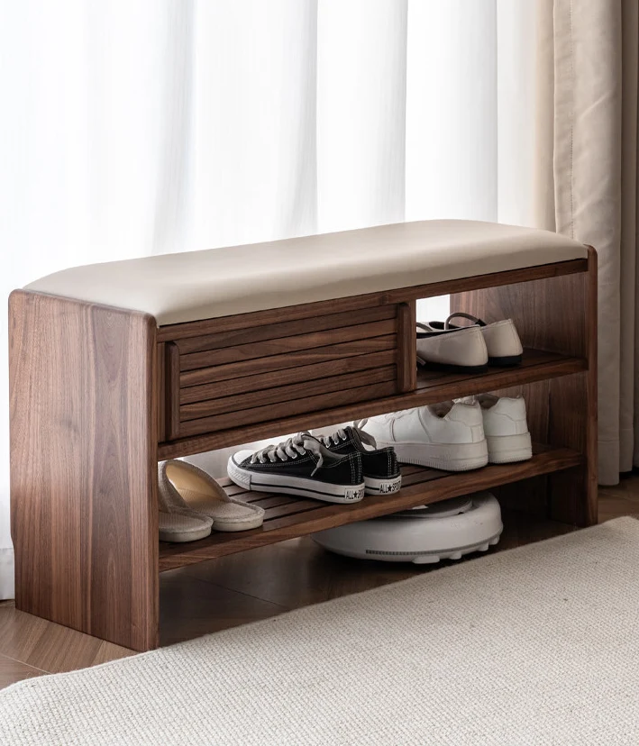 Shoery Japanese Modern Walnut Shoe Storage Bench Cabinet