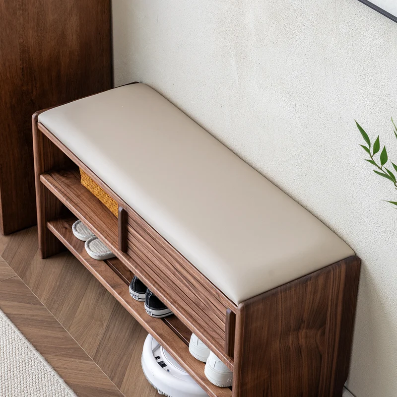 Shoery Japanese Modern Walnut Shoe Storage Bench Cabinet