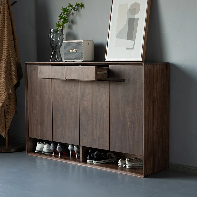 StrideBox Walnut Wood Shoe Cabinet with Concealed Storage