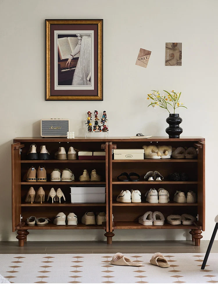 StepVault Walnut Shoe Cabinet with Artistic Curved Doors