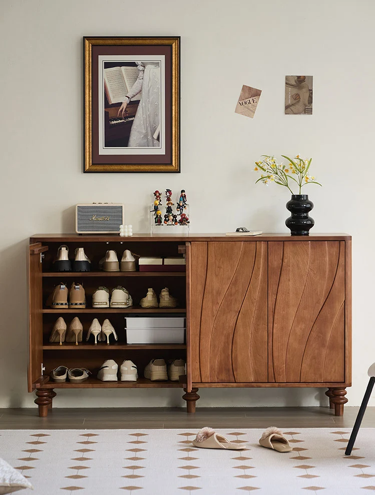 StepVault Walnut Shoe Cabinet with Artistic Curved Doors