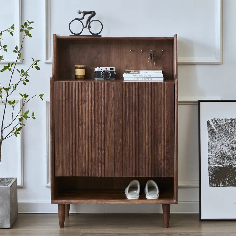 WoodVault Fluted Walnut Shoe Cabinet with Open Display Shelf