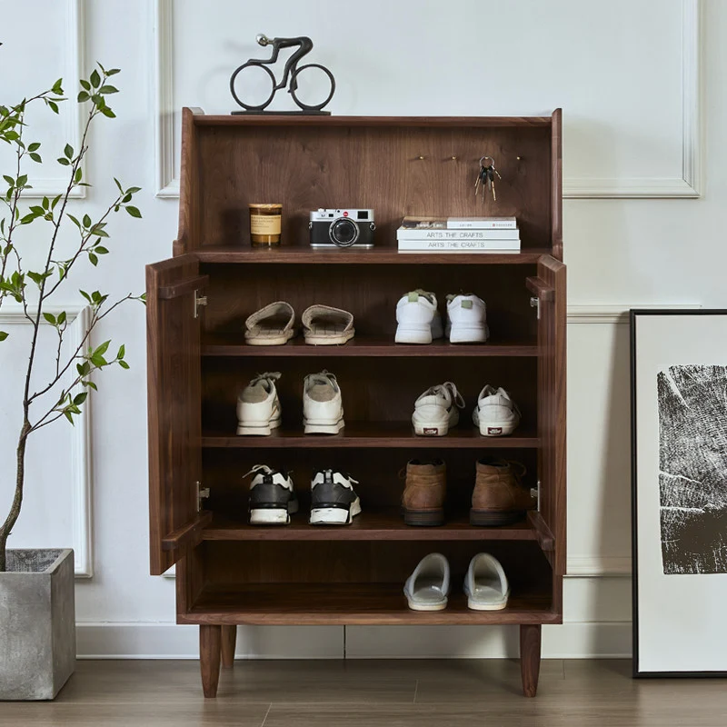 WoodVault Fluted Walnut Shoe Cabinet with Open Display Shelf