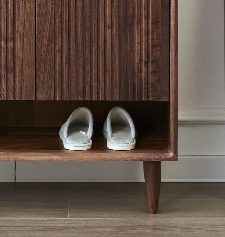 WoodVault Fluted Walnut Shoe Cabinet with Open Display Shelf