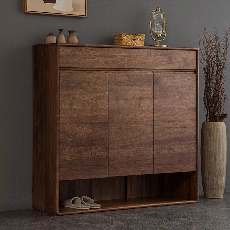 CedarShelf Walnut Shoe Cabinet with Drawer and Open Shelf