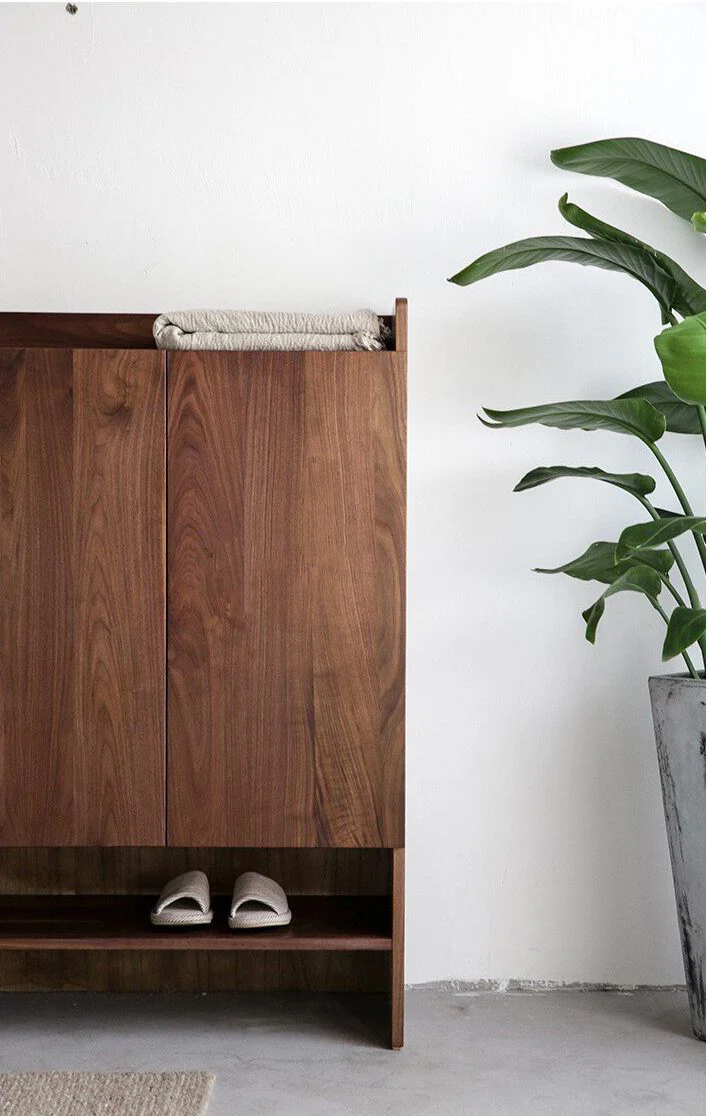 PurePlank Solid Walnut Shoe Cabinet with Open Shelf Storage