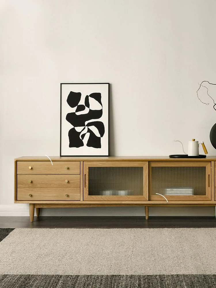 LogLuxe Mid-Century White Oak TV Cabinet with Glass Doors