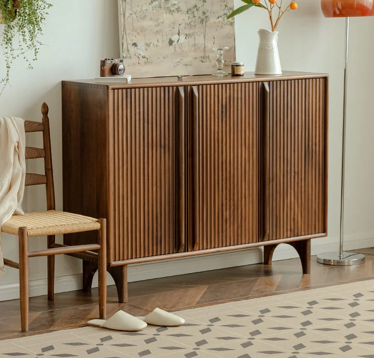 Stow Mid-Century Walnut Fluted Shoe Cabinet with Doors