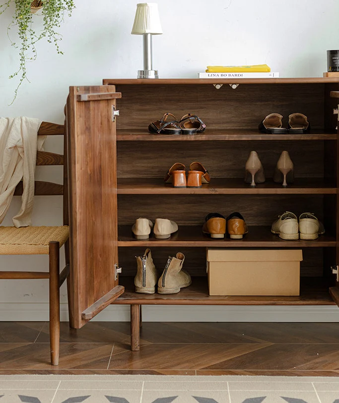 Stow Mid-Century Walnut Fluted Shoe Cabinet with Doors